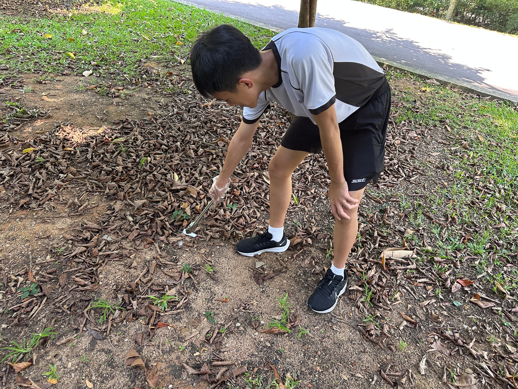 A classmate collecting litter beneath the trees at Tiong Bahru Park